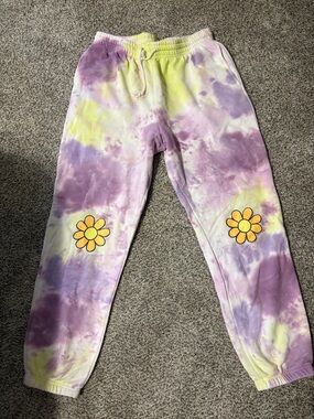 Urban Outfitters Purple & Yellow Tie-Dye Joggers with Flower Patch